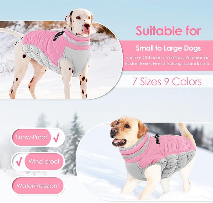 AOFITEE Dog Coat, Warm Dog Winter Coat for Small Dogs, Reflective Turtleneck Dogs Jacket with Harness Built in, Waterproof Windproof Pet Fleece Vest Snow Jacket for Cold Weather, Pink S