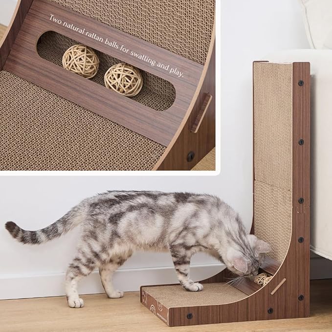Petpals 24" Double Sides L Shaped Cat Scratch Pad, Corrugated Cardboard Scratching Pad, Replaceable Long Lasting Scratcher,Cat Scratcher with RattanBall Toys.