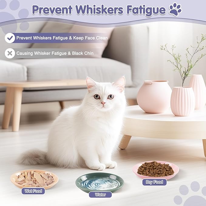 6 Pack Ceramic Cat Bowls, Cat Food Bowl, Anti Whisker Fatigue Cats Bowl Set, 6 Inches Shallow Wide Kitten Plates for Food and Water(Dark Color Set,6-Piece)