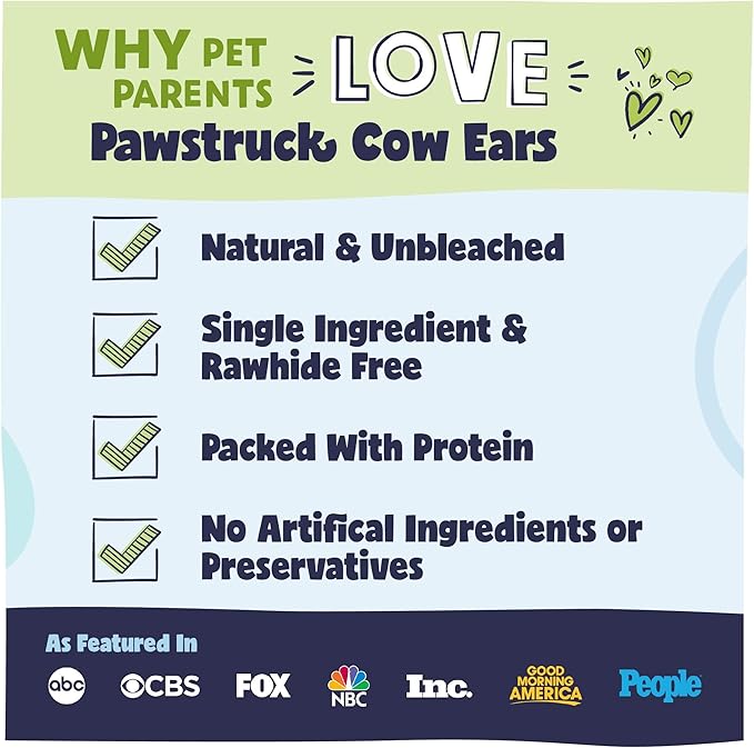 Pawstruck Natural Jumbo Cow Ears for Dogs - Healthy Rawhide Free, Highly Digestible Low Calorie & Long Lasting Dental Chew Treat for Small, Medium, Large Chewers - Pack of 10 - Packaging May Vary