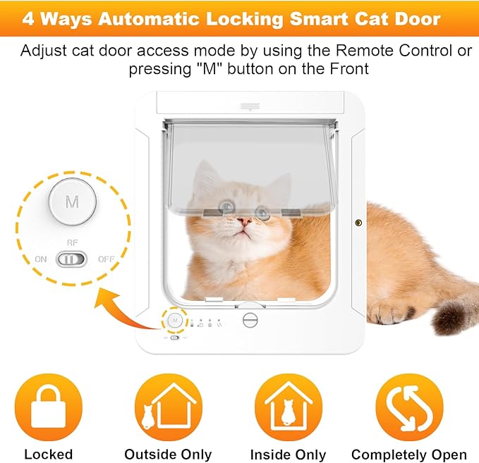 Smart Cat Door with 3 Collar Sensor, RFID Cat Door Collar Activated with Remote Control, 4 Way Locking Cat Flap Automatic Pet Door