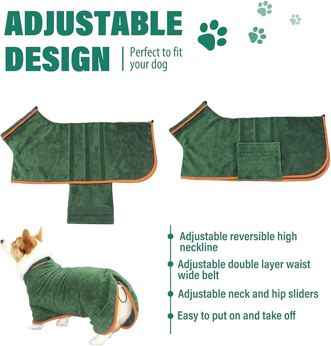Dog Drying Coat - Fast Drying Dog Towel Robe - Microfiber Super Absorbent Pet Bathrobe, Adjustable Collar & Belly Strap Pet Coat Pet Bath Robe Towel (Large, Green)