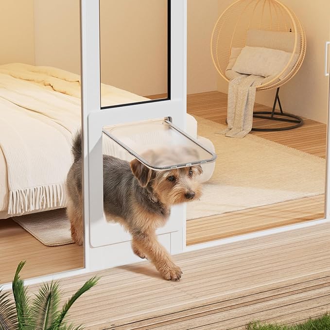 Dog Door for Sliding Glass Door with Magnetic Plastic Flat, Sliding Door Pet Doggie Door Insert with Lock, Adjustable Height No-Cut Required Doggy Door Access Renters, Apartments, Patio (White, M)