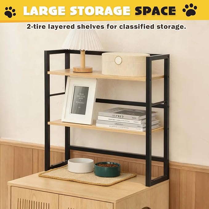 Cat Litter Box Enclosure with 2 Storage Shelves, 2-in-1 Large Hidden Wooden Pet House Furniture with Scratching Mat/Feeding Station/House Condo, Cat Cabinet with Barn Door for Entrance (Shelves)
