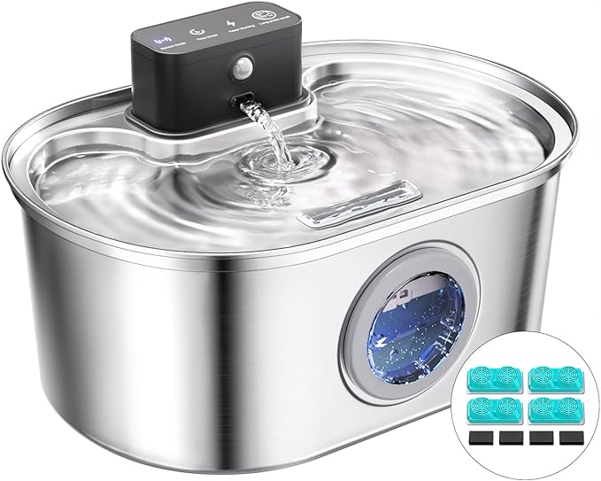 Cat Water Fountain Cordless, Stainless Steel Pet Water Fountain Wireless – 3.2L/108oz Battery Operated Automatic Water Dispenser for Cats Indoor, with Motion Sensor & Quiet Pump (4 Filter & Sponge)