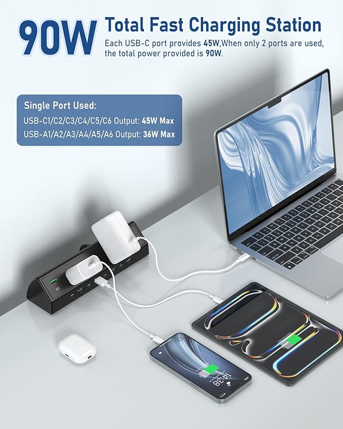 Jgstkcity 90W Desk Clamp Power Strip,12 USB Ports (6 PD 45W USB-C),Surge Protector,ETL Listed Power Hub Extension Cord,Fast Charging Station for Home Office Desk Edge Mount (Black,12 USB-90W)