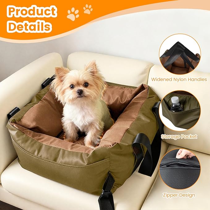 Dog Car Seat for Small Dogs, Large Leather Dog Car Bed with Storage Pocket, Waterproof PVC Leather Booster Seat Travel Bed for Front & Back Seat, Clip-On Safety Leash (Green/Brown)