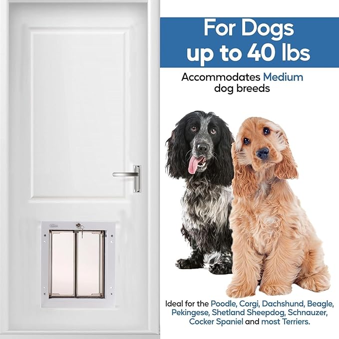 PlexiDor Performance Pet Doors for Dogs and Cats - Door Mount Dog Door with Lock and Key - White, Medium Sizes