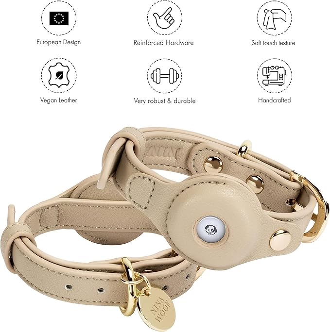 NINA WOOF Cupertino Dog Collars, Harnesses & Leashes Made from Vegan Leather with Dog Tracker Device Holder Adjustable Dog Collar - Color Beige, Large