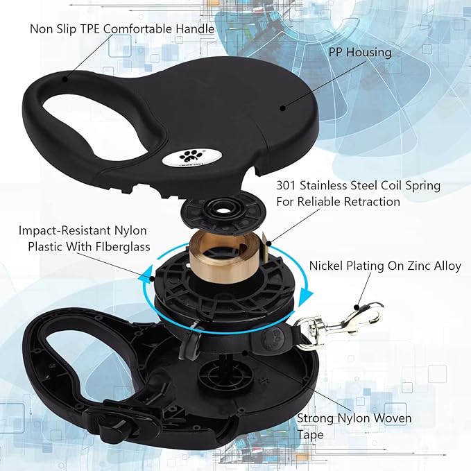 16 ft Retractable Dog Leash for Large Dogs up to 110 lbs,Tangle-Free Nylon Tape,Black Dan L