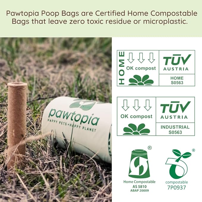 Pawtria Certified Home Compostable Dog Poop Bags (120), Poop Bags for Dogs, Cat Litter, Vegetable Starches, Dog Waste Bags, Leakproof, Easy to Open, Give Back