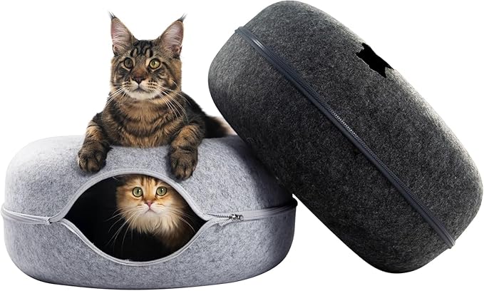 Cattasaurus Peekaboo Cat Cave Donut for Multiple & Large Cats up to 30-45 lbs, 3-in-1 Self Warming Cat Bed, Tunnel & Scratcher for Indoor Cats, Washable & Detachable (Light Gray + Dark Gray, Large)