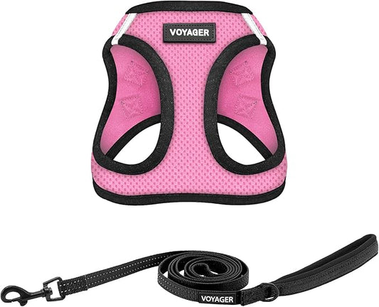 Voyager Step-in Air All Weather Mesh Harness and Reflective Dog 5 ft Leash Combo with Neoprene Handle, for Small, Medium and Large Breed Puppies by Best Pet Supplies - Pink/Black Trim, XX-Small