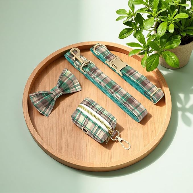 PETDURO Personalized Dog Collar Teal Brown Plaid for Large Medium Dogs | Engraved Name and Phone Number on Gold Metal Buckle for Boys & Girls | Add Leash & Bow Tie via Customize Now