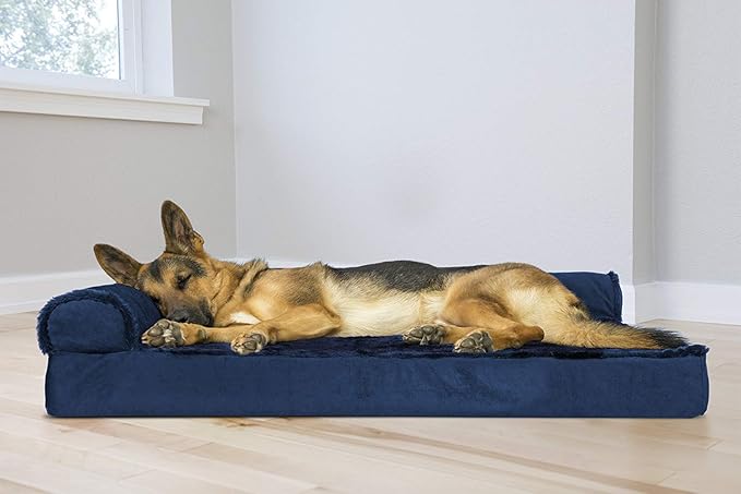 Furhaven Orthopedic Dog Bed for Large Dogs w/ Removable Bolsters & Washable Cover, For Dogs Up to 95 lbs - Plush & Velvet L Shaped Chaise - Deep Sapphire, Jumbo/XL