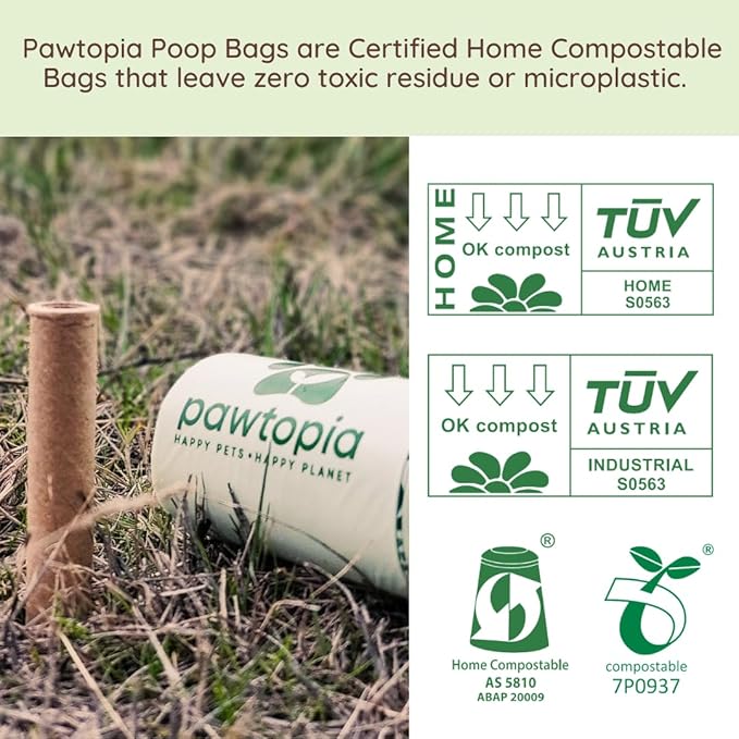 Pawtopia Pet Waste Bag Duo - 240 Standard Sized-Dog Poop Bags (16 rolls) + 100 Extra Large Cat Litter Bag with Handles (1 big roll), Vegetable Starches, Tuv Austria, Leak-Proof, Yard Pickup