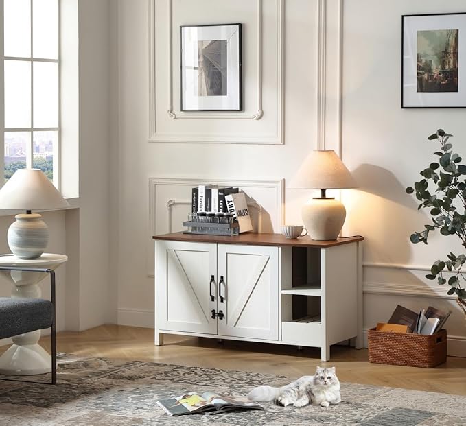 41.3'' Cat Litter Enclosure,Adjustable Shelf for Dog Proof and Storage,Locks Added for Cat,Litter Collector,Small Indoor Pet House,Antique White