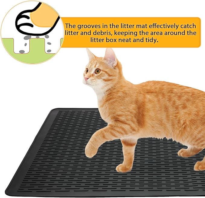 Cat Litter Mat,39x27in Waterproof Litter Mat,Large Rubber Litter Box Mats Easy to Clean,Washable Soft Cat Litter Mats Litter Trapping Mat,Indoor Floor XL Kitty Litter Mats-Black