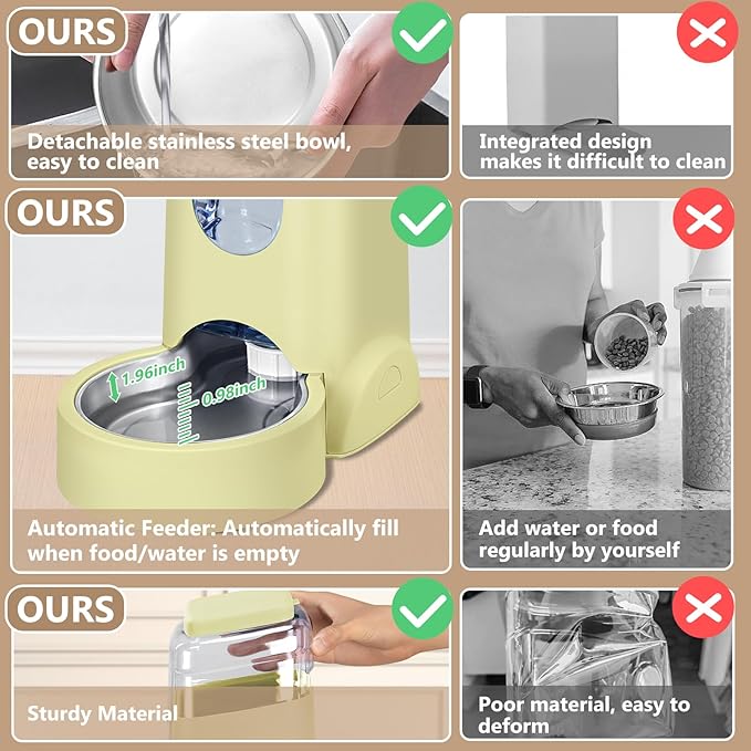 HWONMTE Portable Automatic Cat Feeder and Water Dispenser with Stainless Steel Bowl Dog Gravity Food Feeder and Waterer for Small Medium Pets Puppy Kitten 1 Gallon x 2 (Cream Yellow)