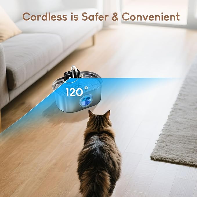 Wireless Cat Water Fountain Stainless Steel:108oz/3.2L Battery Operated Cat Fountains for Drinking Indoor, Automatic Pet Water Dispenser with Motion Sensor,Ultra Quiet Pump,Multi-Filtration(2 Filters)