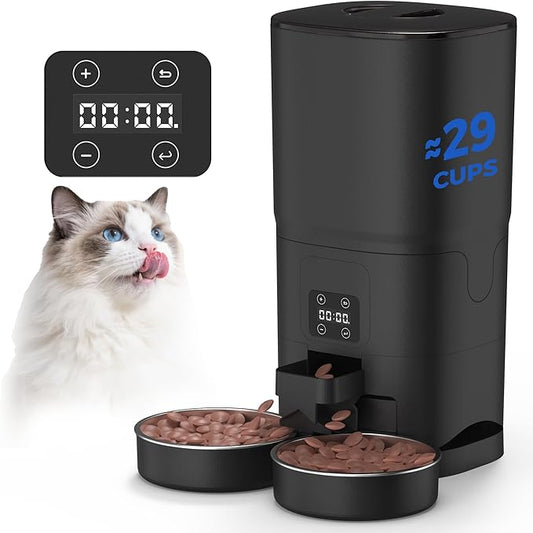 PAPIFEED Automatic Cat Feeder for 2 Cats, 7L Large Capacity Food Dispenser for Multiple Pets, Timed Cat Feeder for Dry Food, Detachable for Easy Cleaning, Up to 12 Portions 6 Meals Per Day - Black
