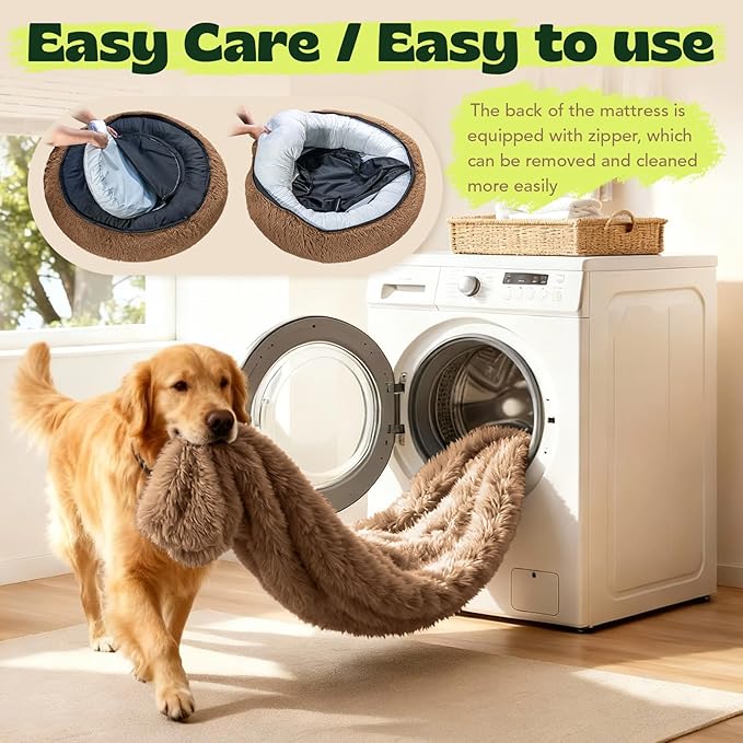 Extra Large Orthopedic Dog Bed Waterproof Removable Cover for Calming Donut Dog Bed Washable,Cooling Gel Foam Round Anxiety Plush Sherpa Covers Comfort for Old Fluffy Friends 48 Inch,Camel