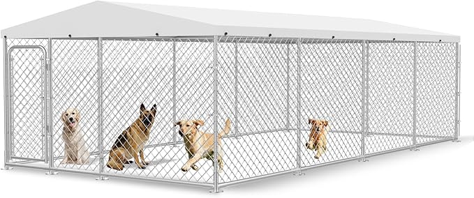 20x10 FT Outdoor Dog Kennel, Heavy Duty Large Outside Dog Enclosure with UV-Resistant Waterproof Sun-Proof Cover, Double Security Locks for Backyard Farm Ranch