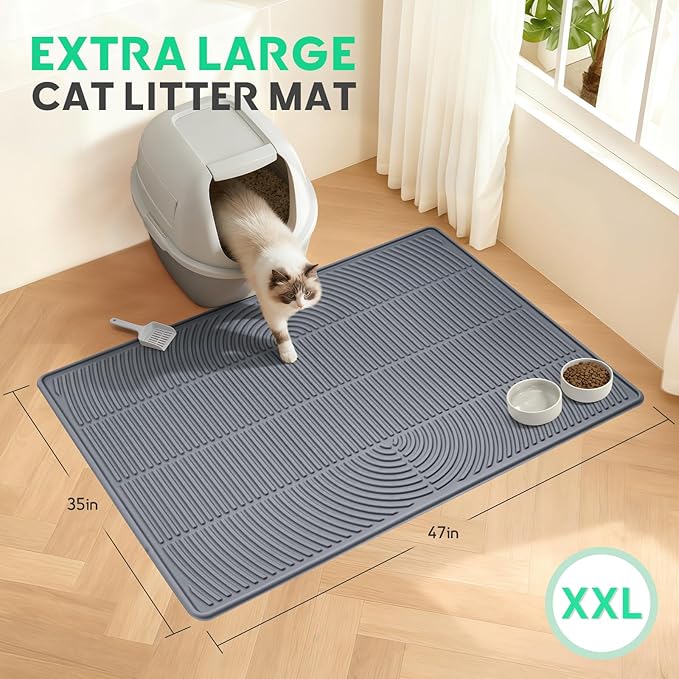 Cat Litter Box Mat,47" x 35" Extra Large Silicone Waterproof Litter Trapping Mat for Scatter Control Soft on Kitty Paws Non-Slip Easy to Clean
