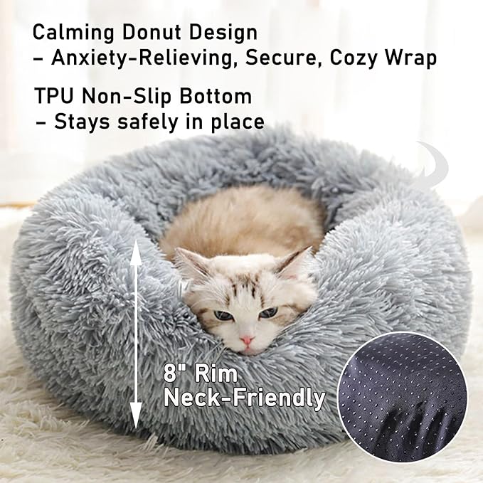 Calming Donut Dog Beds for Small Dogs Kitten - Washable Removable Cover Non-Slip Bottom, Round Pet Bed Puppy Bed Warming Fluffy Faux Fur Anti-Anxiety, Fits up to 15 lbs (Light Grey, 20")