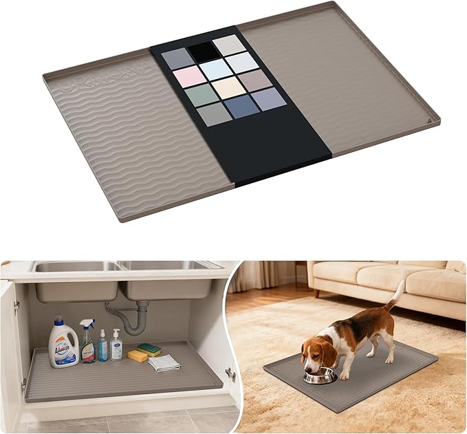 URMONA Waterproof Silicone Under Sink Mat 28'' x 22'' Shelf Liner for Kitchen and Bathroom, Cabinet and Counter Protector, Storage and Organizers, Litter Mat, Pet Cat Puppy Essentials(Beige)