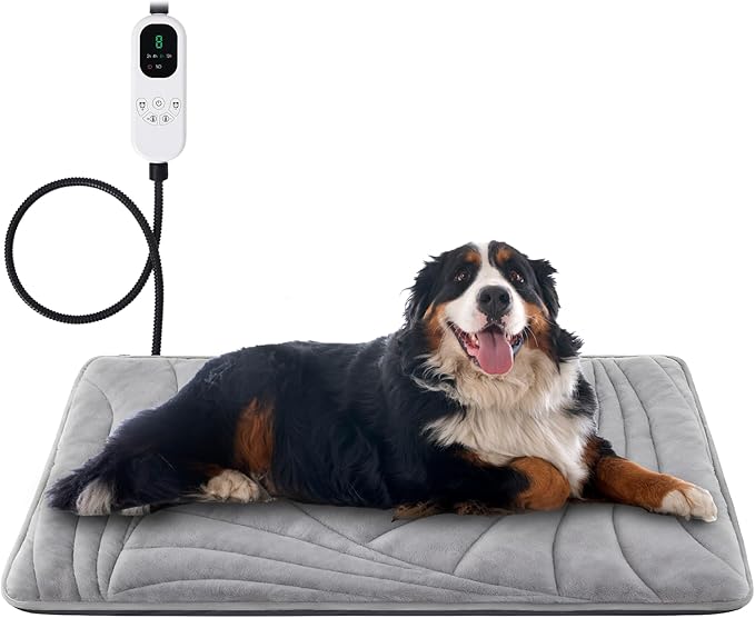 Extra Large Dog Heating Pad with Washable Cover, Soft Plush Pet Heating Pad with 9 Adjustable Temperature, Timer, Chew-Resistant Cord, Waterproof Electric Heated Pet Bed for Dogs, Multi-Pets