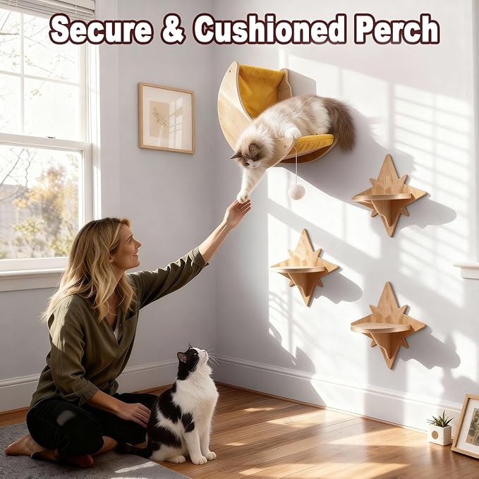 Cat Wall Shelves, Moon and Star Cat Wall Furniture for Indoor, Multi-Level Wooden Climbing Set with Cute Toys