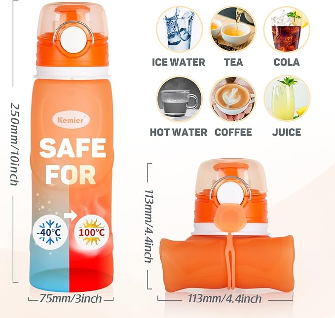 Kemier Collapsible Silicone Water Bottles-750ML,Medical Grade,BPA Free Travel Water Bottle Can Roll Up,26oz,Leak Proof Foldable Sports & Outdoor Water Bottles
