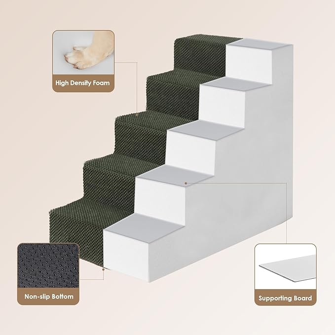 EHEYCIGA Dog Stairs for High Bed 22.5" H, 5-Step Dog Steps for Bed, Pet Steps for Small Dogs and Cats, Non-Slip Balanced Pet Ramp Indoor, Military Green
