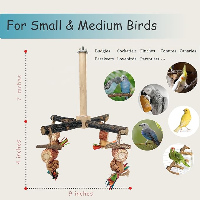 Bird Perch 360° Rotating Perch with Natural Chew Toys - Spinning Bird Toys Cage Accessories- Parrot Wooden Stand for Small and Medium Birds (Parakeets, Budgies, Cockatiels, Conures, Finches)