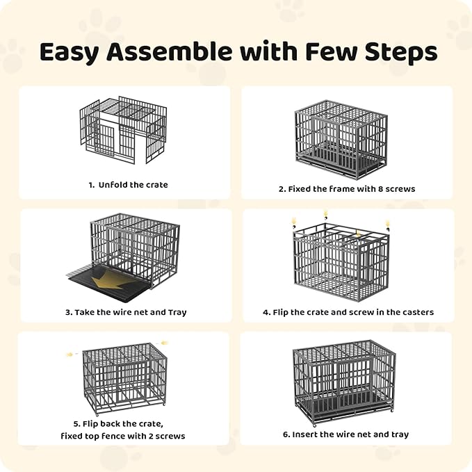 Heavy Duty Indestructible Dog Crate 54in with Removable Trays, Escape-Proof Double Door for High Anxiety Dog, Kennel with Lockable Wheels for Medium Large XL XXL Dogs