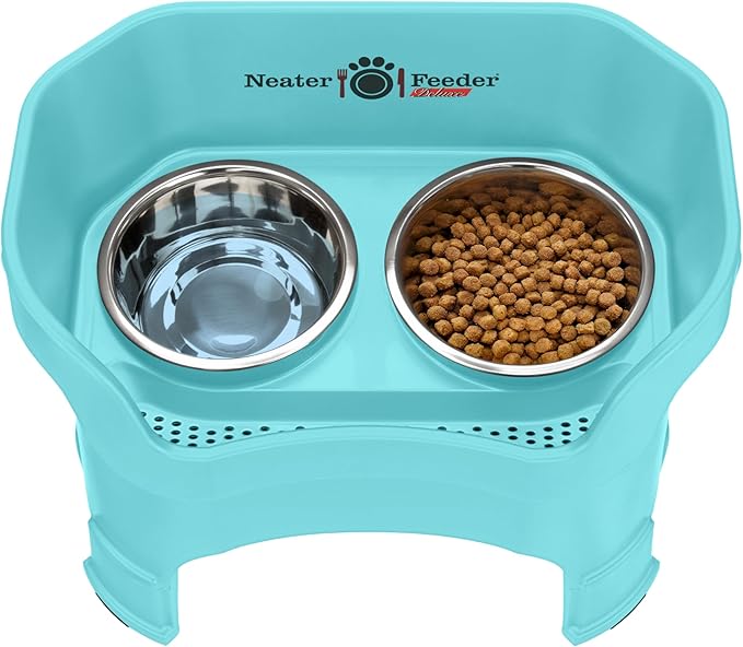 Neater Feeder Deluxe Mess Proof Dog Bowls Elevated for Large Dogs – Made in USA – No Spill Raised Dog Food Bowl Stand w/Leg Extensions – Stainless Steel Dog Food and Water Bowl Set – Teal