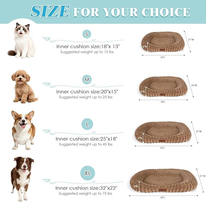 Washable Medium Size Dog Bed, Durable Calming Orthopedic Pet Bed with Removable Cushion Cover & Anti-Slip Bottom, Rectangle Bolster Sides Dog Bed with Handle, 30x24x4inches, Brown