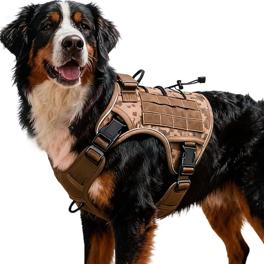 Heavy-Duty Tactical Dog Harness for Large Dogs, No Pull Adjustable Reflective Pet Vest with Molle System, K9 Military-Grade Control for Service Training, Outdoor & 10+ Breeds, Khaki Camo, XX-Large