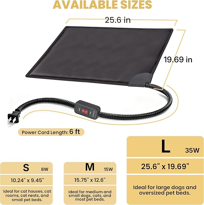 Pet Bed Warmer 25.5 x 19.5 in XL, Indoor Heated Pad Insert for Cats & Dogs, Turns Any Pet Bed Into a Cozy Waterproof Heating Mat, Safe Thermostat & Chew-Resistant Cord