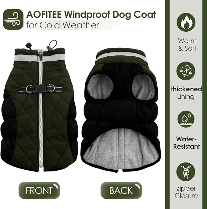AOFITEE Dog Coat, Warm Dog Winter Coat, Reflective Turtleneck Large Dogs Jacket with Harness Built in, Turtleneck Pet Winter Jacket, Waterproof Pet Snow Jackets Fleece Vest, Green XL