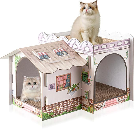 2 Story Cardboard Cat House with Scratcher Pad for Small Kitten,17x12x10 Multi Level Durable Cat Condo & Villa for Bunny Rabbit Small Animals Christmas Birthday Gift(Cottage)