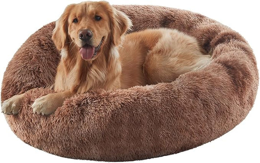 36 inches Donut Dog Bed for Large Dogs - Calming Fluffy Round Pet Bed with Removable & Washable Cover,Fits up to 80 lbs Pets (Tie-dye Brown,Large)