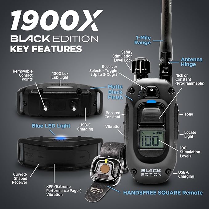 Dogtra 1900X Black Edition E-Collar - 3/4 Mile Range, Dogs 45 lbs+, IPX9K Waterproof, 100 Stimulation Levels, Vibration, Tone, Rechargeable - Ideal for Dog Owners and Professional Trainers