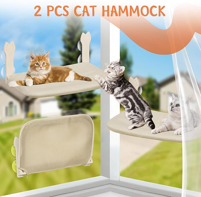 2 Pack Cat Window Perch,Cat Window Hammock Cordless Foldable Window Bed with 4 Large Strong Suction Cup,Reversible Cushion Cover,Metal Frame Easy to Adjust Window Seat Holds up to 40lbs(Beige，M)