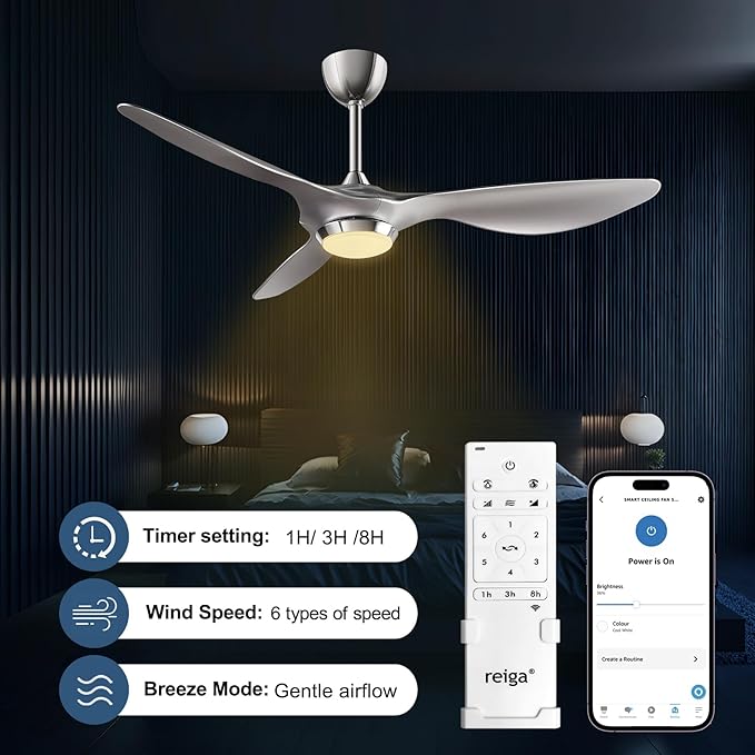 reiga 52 Inch Modern Smart Wifi Ceiling Fan with Light and Remote Control, Living Room Bedroom patio 3 Blade Ceiling Fans with Reversible Mute DC Motor, Silver
