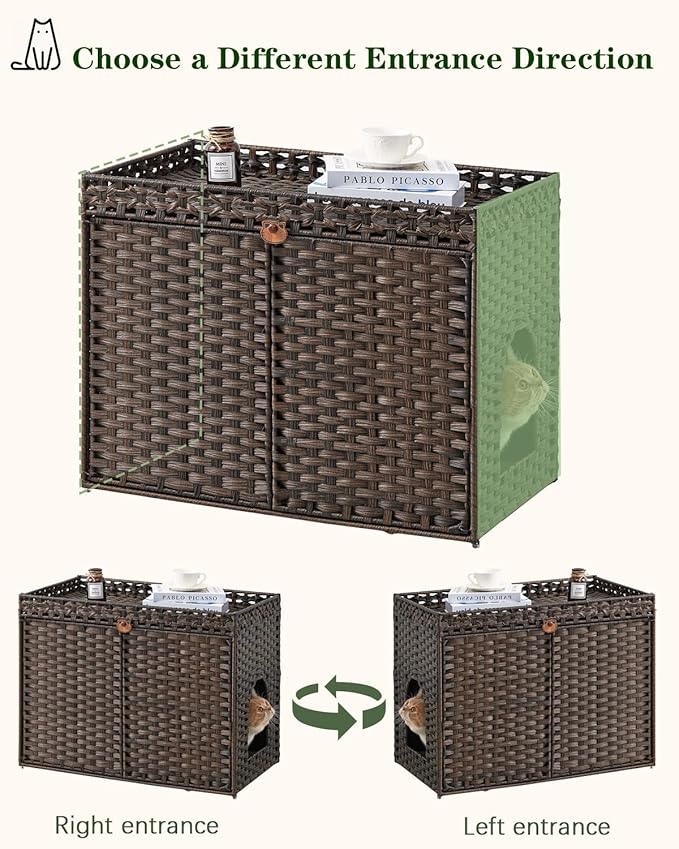 Cat Litter Box Enclosure Furniture, Handwoven Rattan Hidden Litter Box with Mat, Large Space Cat House with 2 S-Shaped Hooks, 30.3 x 18.3 x 24.4 Inches, Indoor for Living Room Apartment Brown