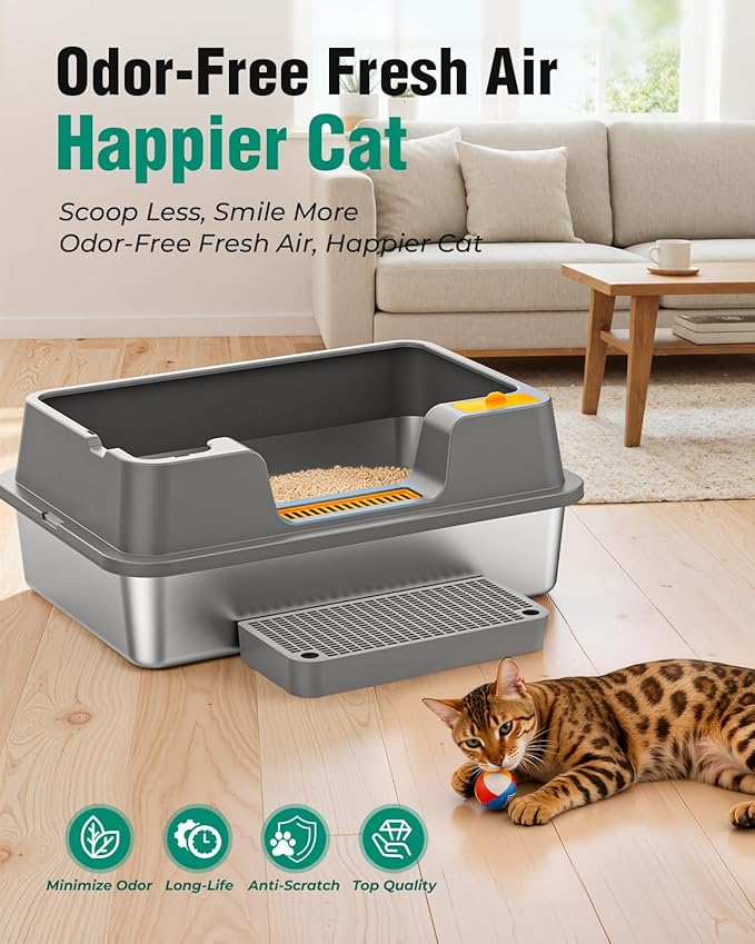 OROLEY Extra-Large Stainless Steel Cat Litter Box Features a Covered Design, High Sides to Prevent Litter from Spilling, an Easy-to-Clean Non-Stick Surface, and Includes a Raised Platform (Dark Gray)