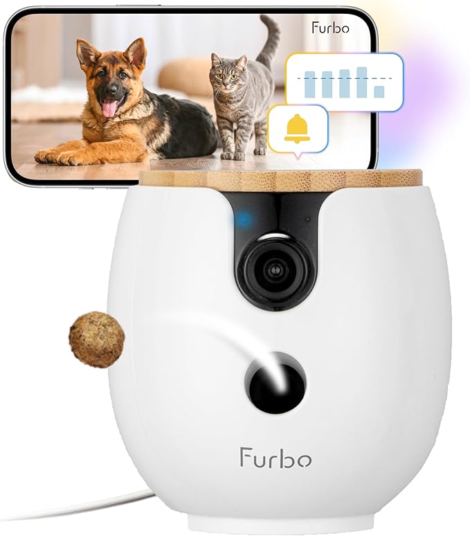 Furbo Mini 360° New 2K QHD Pet Camera - Unlock Smart Camera & Smart Features w/Paid Plan: Dog & Cat Safety Alerts, Rotating Treat Dispenser w/Speaker (Subscription Required, Low Risk 3mo Minimum)