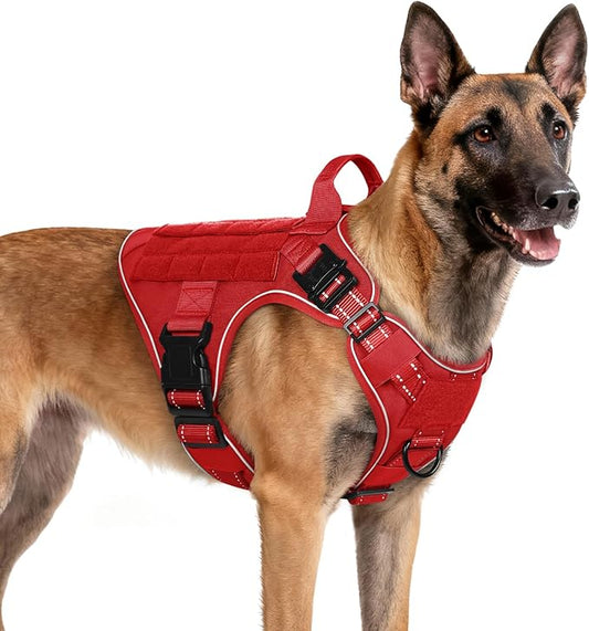rabbitgoo Tactical Dog Harness Medium Sized, No Pull Upgraded Reflective Heavy Duty Molle Vest with Handle, Adjustable Military Service Dog Vest for Walking Hiking Training, Red, M